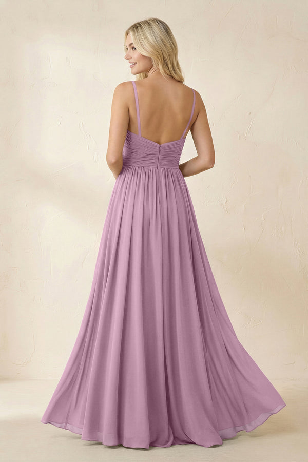 Cami Strap Chiffon A - Line Bridesmaid Dress with Slit in Wisteria - SHE IS ME Bridesmaid Dresses