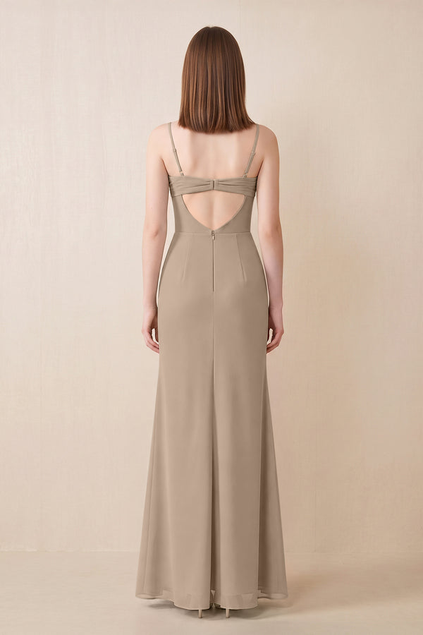 Cami Strap Chiffon Sheath Bridesmaid Dress with Slit in Almond (2) | KISSBRIDAL