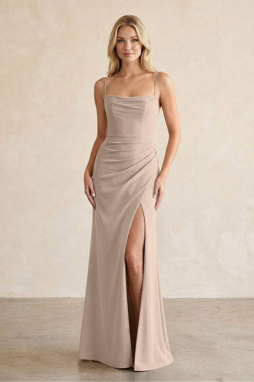 Cami Strap Chiffon Sheath Bridesmaid Dress with Slit in Almond - SHE IS ME Bridesmaid Dresses