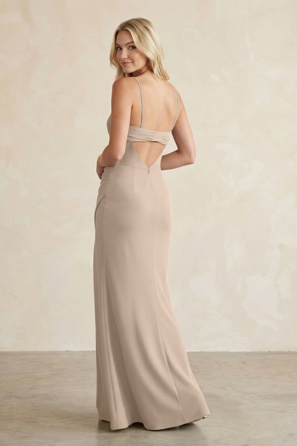 Cami Strap Chiffon Sheath Bridesmaid Dress with Slit in Almond - SHE IS ME Bridesmaid Dresses