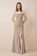 Cami Strap Chiffon Sheath Bridesmaid Dress with Slit in Almond | KISSBRIDAL