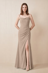 Cami Strap Chiffon Sheath Bridesmaid Dress with Slit in Almond | KISSBRIDAL