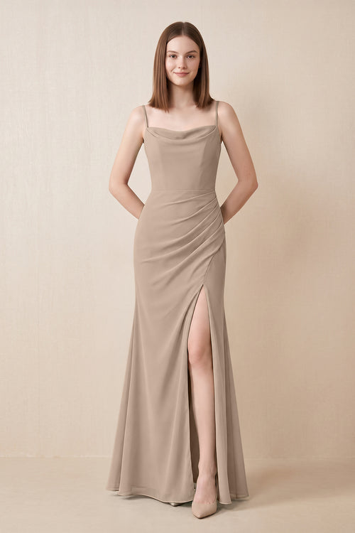 Cami Strap Chiffon Sheath Bridesmaid Dress with Slit in Almond | KISSBRIDAL