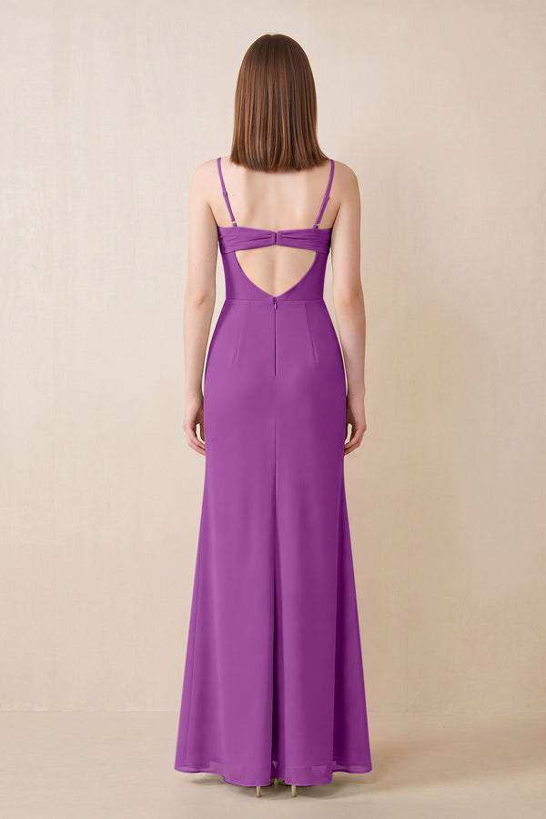 Cami Strap Chiffon Sheath Bridesmaid Dress with Slit in Amethyst (2) | KISSBRIDAL