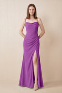 Cami Strap Chiffon Sheath Bridesmaid Dress with Slit in Amethyst | KISSBRIDAL