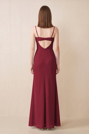Cami Strap Chiffon Sheath Bridesmaid Dress with Slit in Berry (2) | KISSBRIDAL