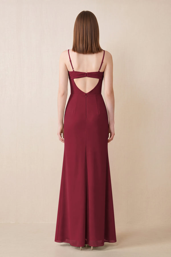 Cami Strap Chiffon Sheath Bridesmaid Dress with Slit in Berry (2) | KISSBRIDAL