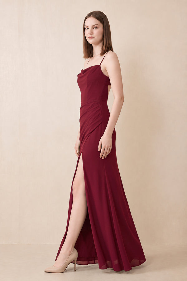 Cami Strap Chiffon Sheath Bridesmaid Dress with Slit in Berry (3) | KISSBRIDAL