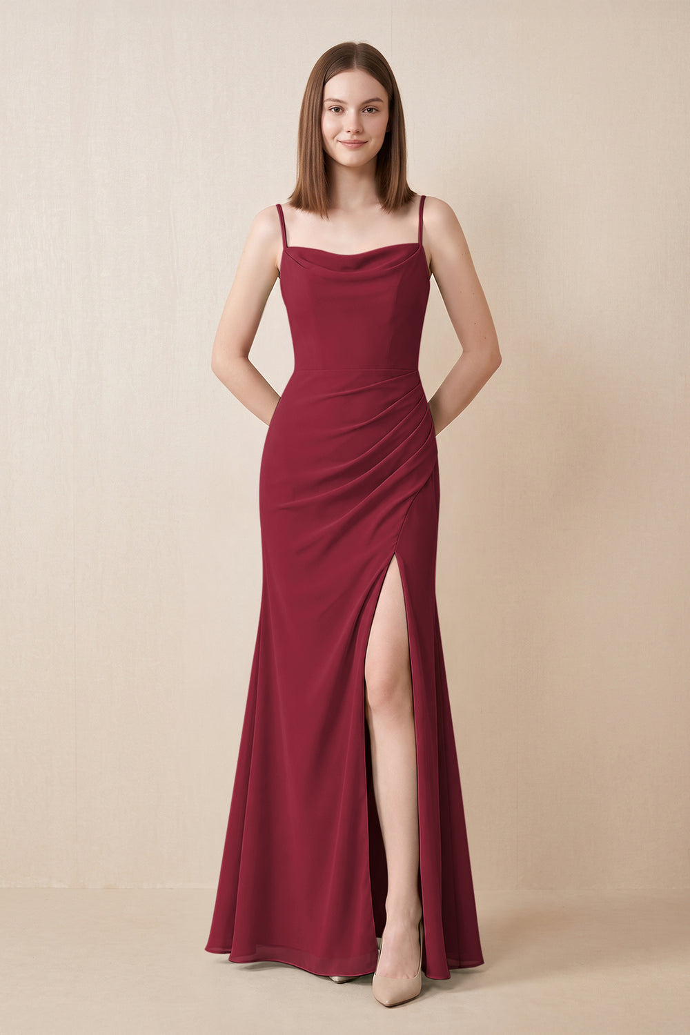 Cami Strap Chiffon Sheath Bridesmaid Dress with Slit in Berry