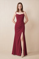Cami Strap Chiffon Sheath Bridesmaid Dress with Slit in Berry | KISSBRIDAL