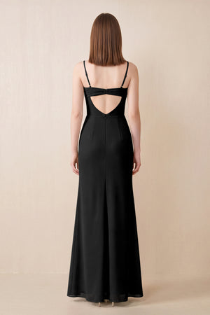 Cami Strap Chiffon Sheath Bridesmaid Dress with Slit in Black (2) | KISSBRIDAL