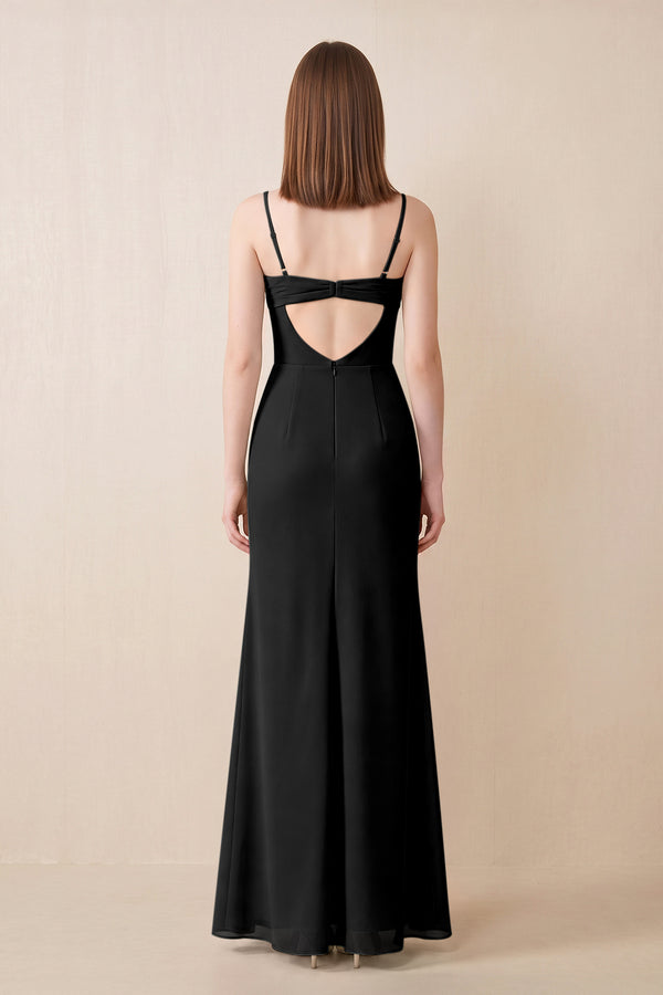 Cami Strap Chiffon Sheath Bridesmaid Dress with Slit in Black (2) | KISSBRIDAL