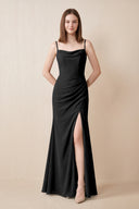 Cami Strap Chiffon Sheath Bridesmaid Dress with Slit in Black | KISSBRIDAL