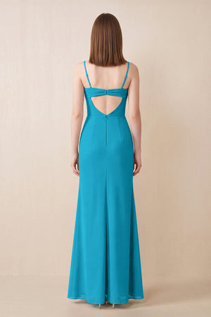 Cami Strap Chiffon Sheath Bridesmaid Dress with Slit in Blue Jay (2) | KISSBRIDAL