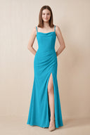Cami Strap Chiffon Sheath Bridesmaid Dress with Slit in Blue Jay | KISSBRIDAL
