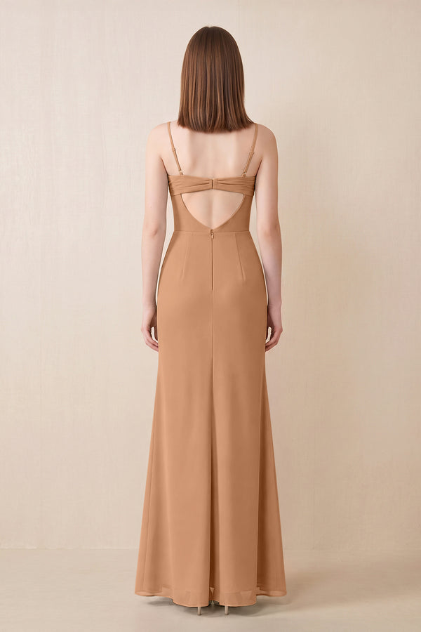 Cami Strap Chiffon Sheath Bridesmaid Dress with Slit in Bronzer (2) | KISSBRIDAL
