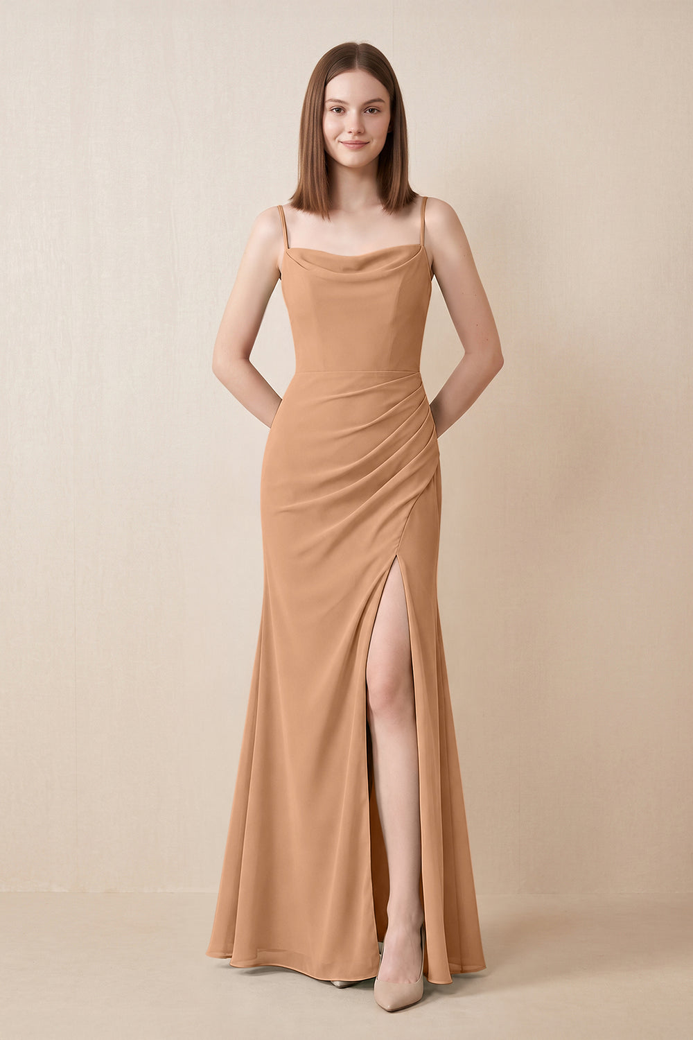 Cami Strap Chiffon Sheath Bridesmaid Dress with Slit in Bronzer