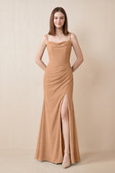 Cami Strap Chiffon Sheath Bridesmaid Dress with Slit in Bronzer | KISSBRIDAL