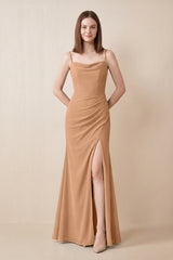 Cami Strap Chiffon Sheath Bridesmaid Dress with Slit in Bronzer | KISSBRIDAL