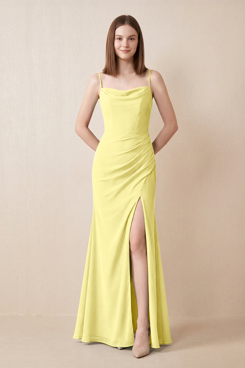 Cami Strap Chiffon Sheath Bridesmaid Dress with Slit in Buttercup | KISSBRIDAL