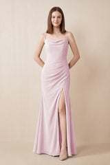 Cami Strap Chiffon Sheath Bridesmaid Dress with Slit in Candy Pink | KISSBRIDAL