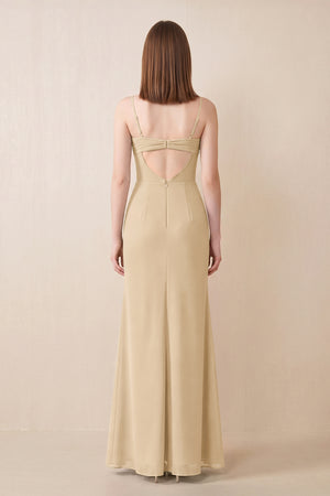 Cami Strap Chiffon Sheath Bridesmaid Dress with Slit in Champagne (2) | KISSBRIDAL
