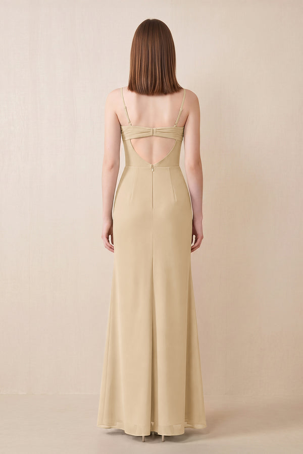 Cami Strap Chiffon Sheath Bridesmaid Dress with Slit in Champagne (2) | KISSBRIDAL