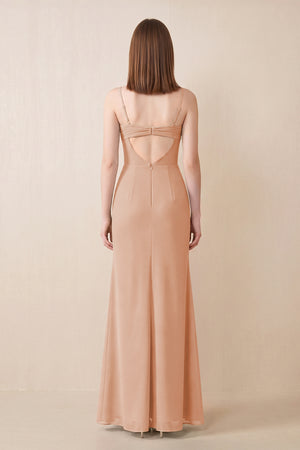 Cami Strap Chiffon Sheath Bridesmaid Dress with Slit in Champagne Rose (2) | KISSBRIDAL
