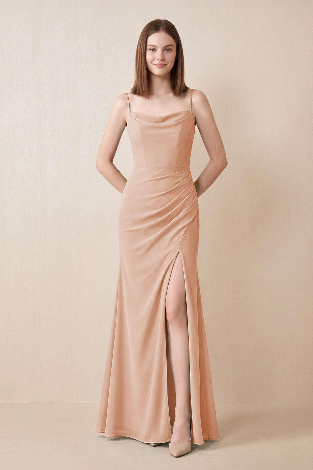 Cami Strap Chiffon Sheath Bridesmaid Dress with Slit in Champagne Rose