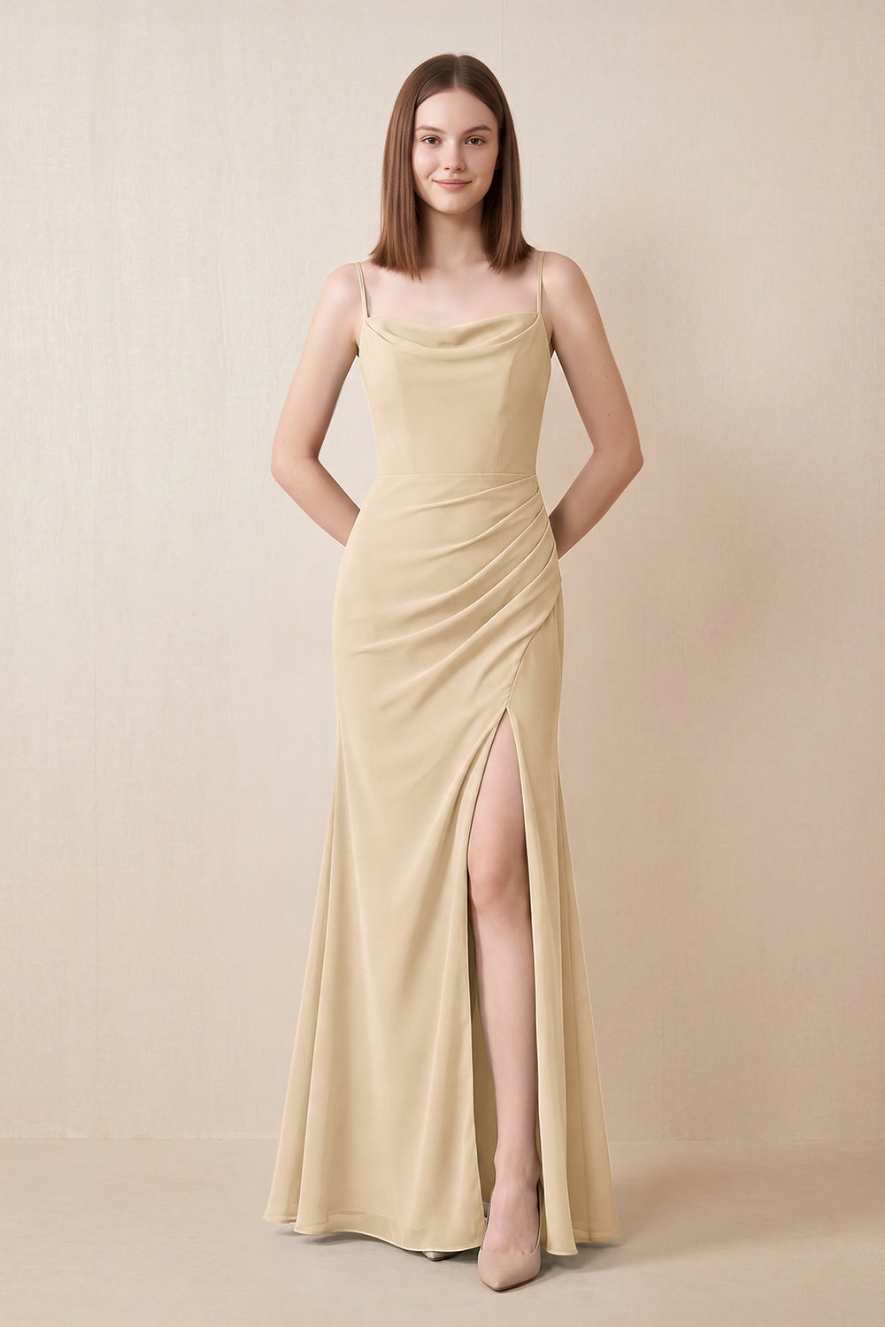 Cami Strap Chiffon Sheath Bridesmaid Dress with Slit in Champagne