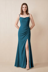 Cami Strap Chiffon Sheath Bridesmaid Dress with Slit in Dark Teal | KISSBRIDAL
