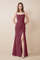 Cami Strap Chiffon Sheath Bridesmaid Dress with Slit in Desert Rose | KISSBRIDAL