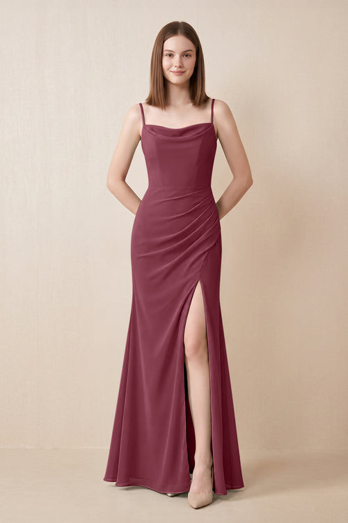 Cami Strap Chiffon Sheath Bridesmaid Dress with Slit in Desert Rose | KISSBRIDAL