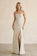 Cami Strap Chiffon Sheath Bridesmaid Dress with Slit in Dove Gray - SHE IS ME Bridesmaid Dresses