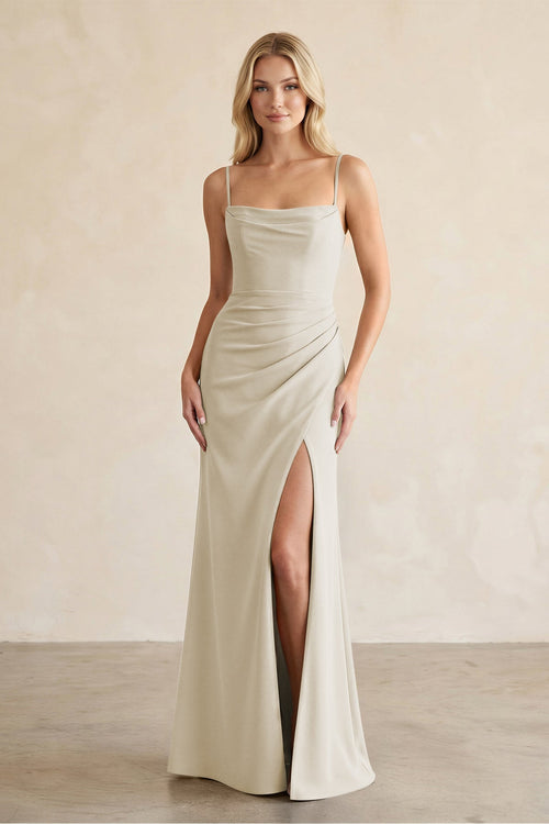 Cami Strap Chiffon Sheath Bridesmaid Dress with Slit in Dove Gray - SHE IS ME Bridesmaid Dresses