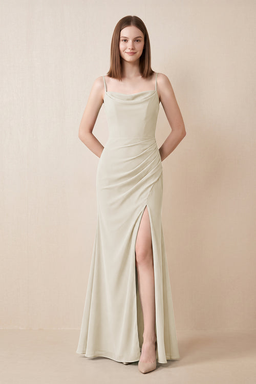Cami Strap Chiffon Sheath Bridesmaid Dress with Slit in Dove Gray | KISSBRIDAL