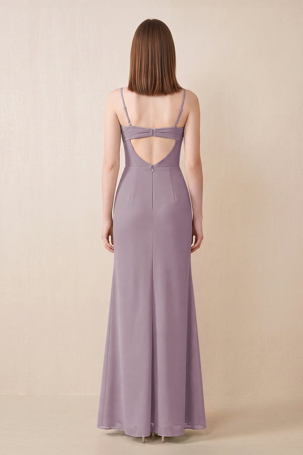 Cami Strap Chiffon Sheath Bridesmaid Dress with Slit in Dusk (2) | KISSBRIDAL