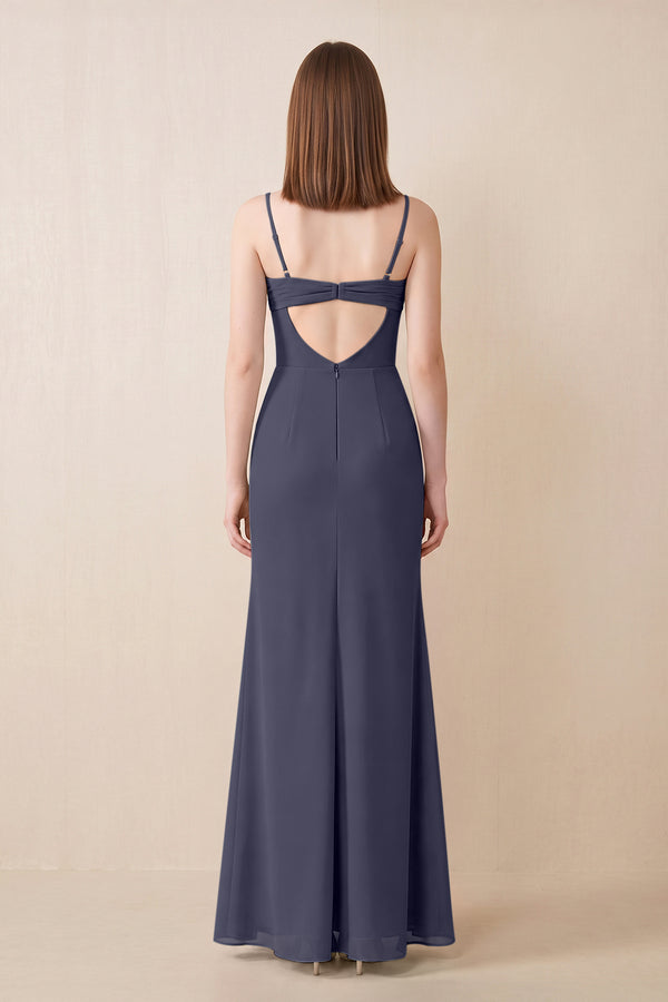 Cami Strap Chiffon Sheath Bridesmaid Dress with Slit in Dusk Blue (2) | KISSBRIDAL