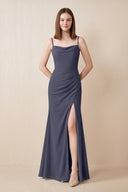 Cami Strap Chiffon Sheath Bridesmaid Dress with Slit in Dusk Blue | KISSBRIDAL