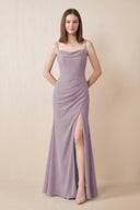 Cami Strap Chiffon Sheath Bridesmaid Dress with Slit in Dusk | KISSBRIDAL