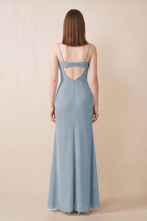 Cami Strap Chiffon Sheath Bridesmaid Dress with Slit in Dusty Blue (2) | KISSBRIDAL