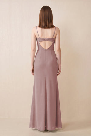 Cami Strap Chiffon Sheath Bridesmaid Dress with Slit in Dusty Rose (2) | KISSBRIDAL