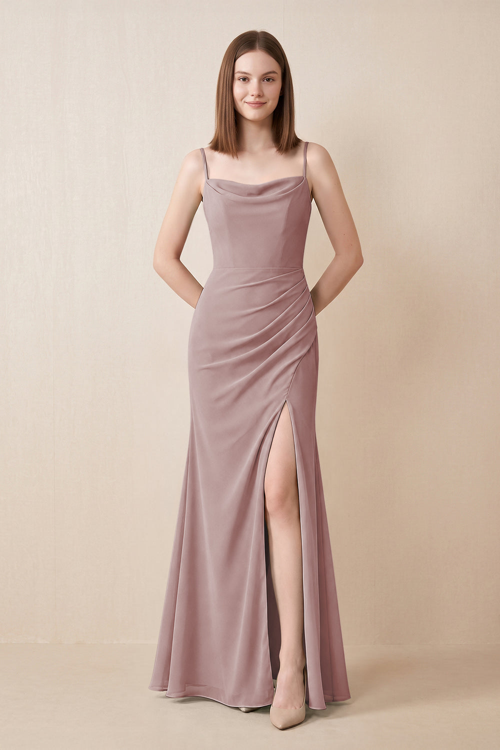 Cami Strap Chiffon Sheath Bridesmaid Dress with Slit in Dusty Rose