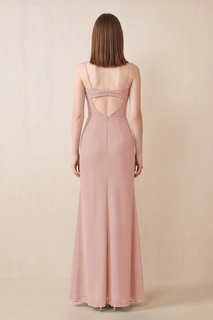 Cami Strap Chiffon Sheath Bridesmaid Dress with Slit in English Rose (2) | KISSBRIDAL