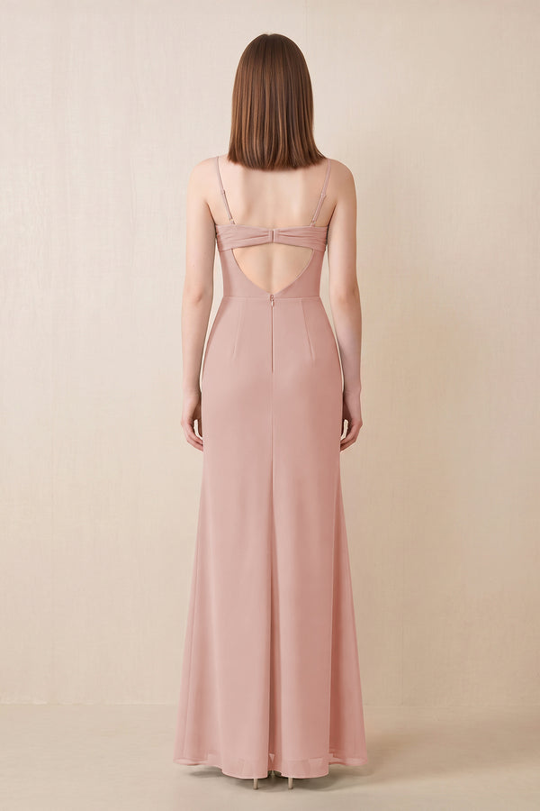 Cami Strap Chiffon Sheath Bridesmaid Dress with Slit in English Rose (2) | KISSBRIDAL