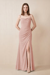 Cami Strap Chiffon Sheath Bridesmaid Dress with Slit in English Rose | KISSBRIDAL