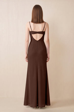 Cami Strap Chiffon Sheath Bridesmaid Dress with Slit in Espresso (2) | KISSBRIDAL