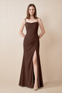 Cami Strap Chiffon Sheath Bridesmaid Dress with Slit in Espresso | KISSBRIDAL