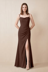 Cami Strap Chiffon Sheath Bridesmaid Dress with Slit in Espresso | KISSBRIDAL