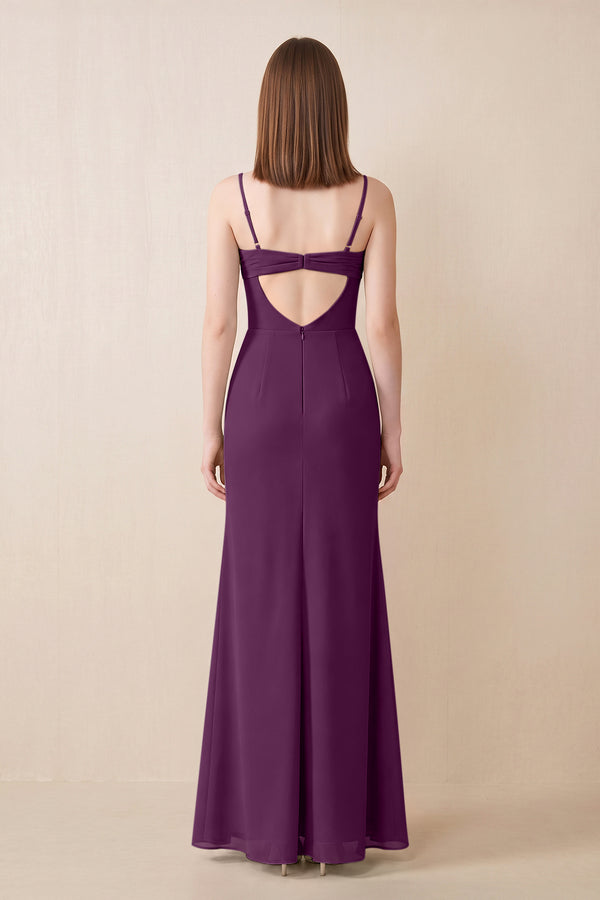 Cami Strap Chiffon Sheath Bridesmaid Dress with Slit in Fig (2) | KISSBRIDAL